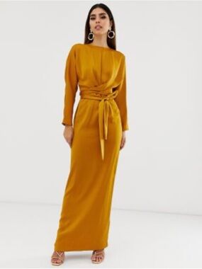 ASOS Mustard Long-Sleeve Tie-Waist Maxi Dress